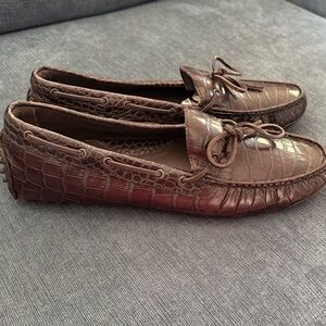 Cole Haan Gunnison Drivers in a brown croc-embossed leather